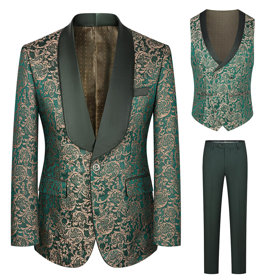 FIXRIMCH Formal Tuxedo Suit for Men Embroidered Paisley Blazer Jacket Vest Pants Set for Wedding PartyDinnerProm Green