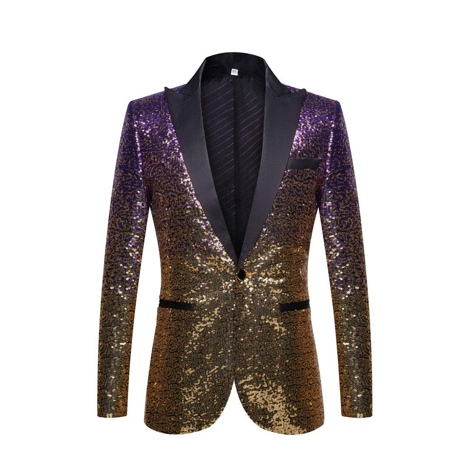 PYJTRL Men Fashion Gradual Change Color Sequins Suit Jacket (Purple Gold L)